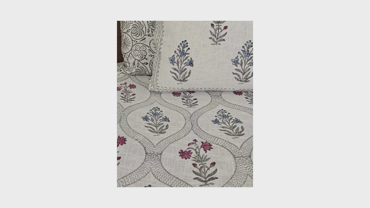 Royal Blue & Pink Orchid Jute fabric Hand Block Bed Cover with 2 Pillow Cover Set