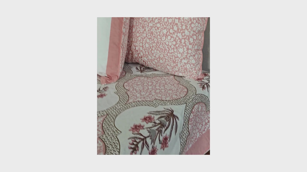 Pink Orchid Hand Block Bedsheet with 2 Pillow Cover Set - 220TC
