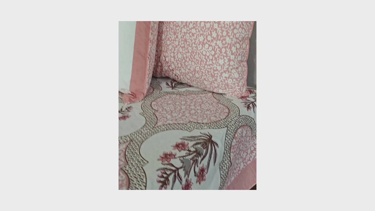 Pink Orchid Hand Block Bedsheet with 2 Pillow Cover Set - 220TC
