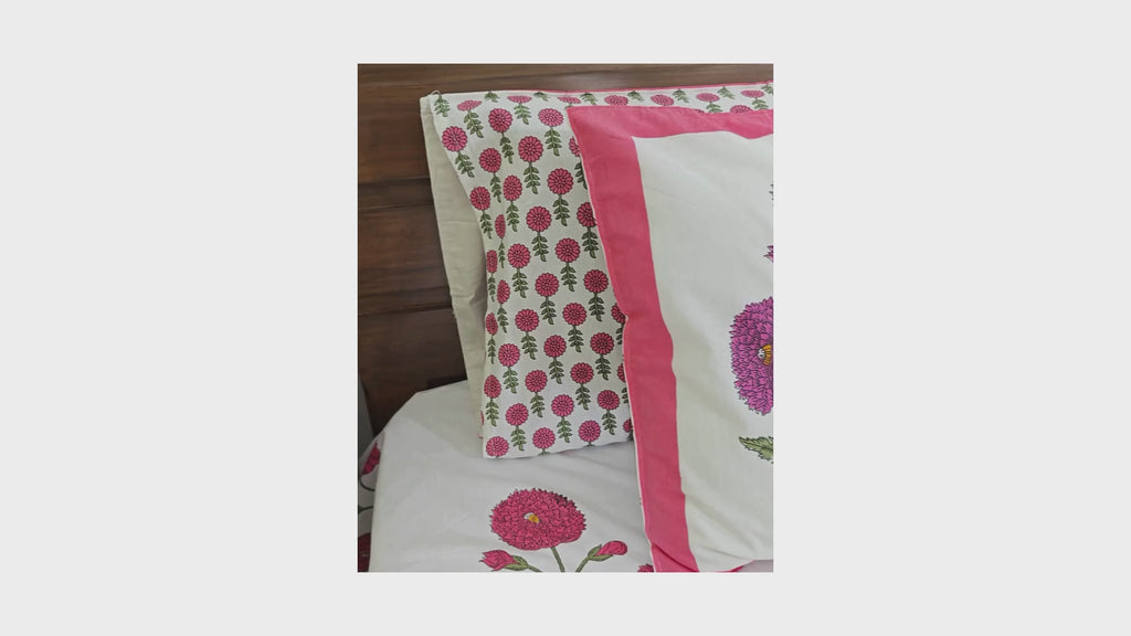 Pink & Magenta Marigold Hand Block Bedsheet with 2 Pillow Cover Set - 320TC