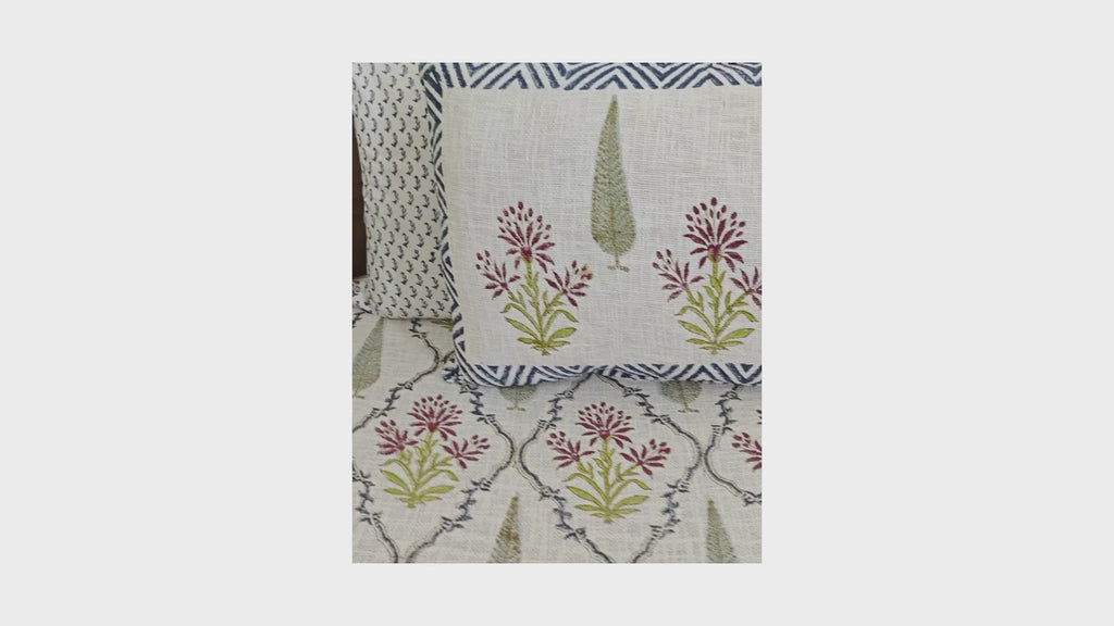 Jaipuri Jharookha | Bouquets with the Branch Jute Fabric Hand Block Bed Cover with 2 Pillow Cover Set