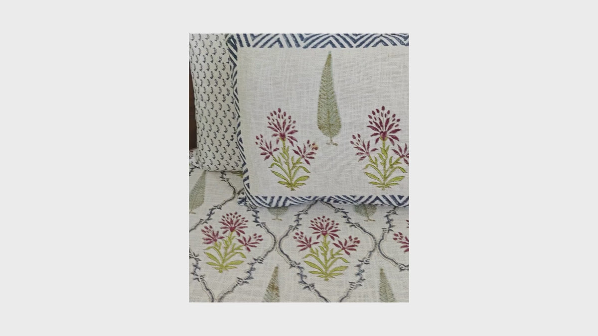 Jaipuri Jharookha | Bouquets with the Branch Jute Fabric Hand Block Bed Cover with 2 Pillow Cover Set