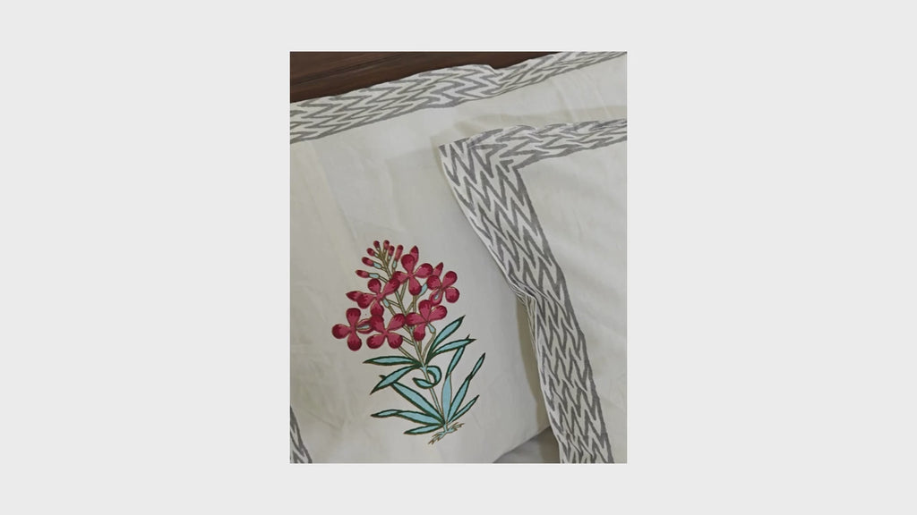 Red Chameli Hand Block Bedsheet with 2 Pillow Cover Set - 320TC