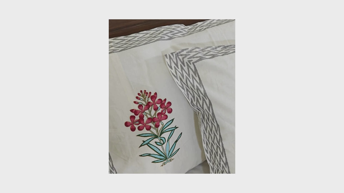 Red Chameli Hand Block Bedsheet with 2 Pillow Cover Set - 320TC