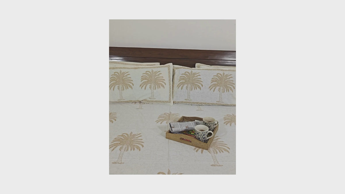 Sandy Yellow Palm Hand Block Bedsheet with 2 Pillow Cover Set - 220TC