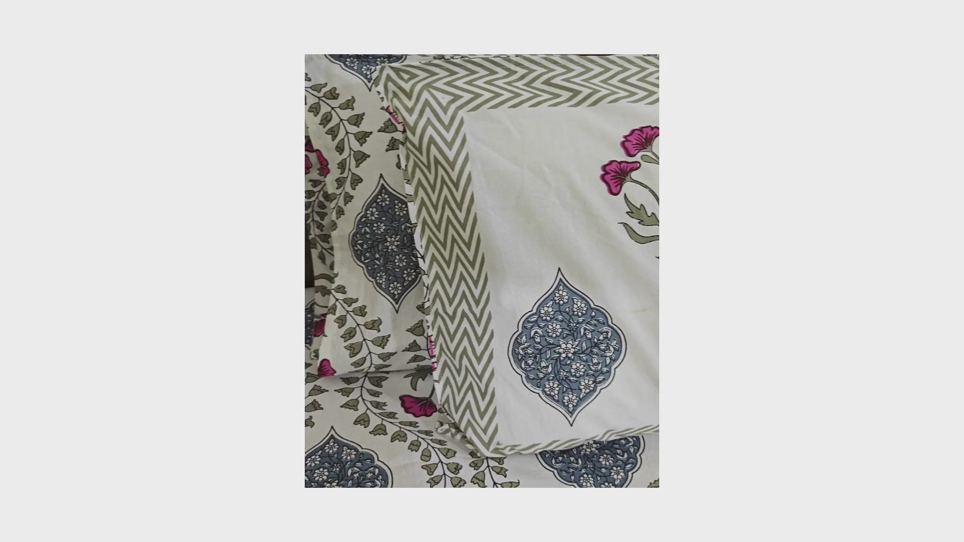 Pink Hibiscus on Green Hand Block Bedsheet with 2 Pillow Cover Set - 220TC