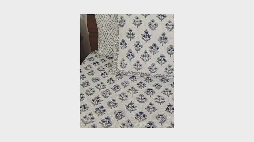 The Prodigy Flower – Blue on Grey Jute fabric Hand Block Bed Cover with 2 Pillow Cover Set