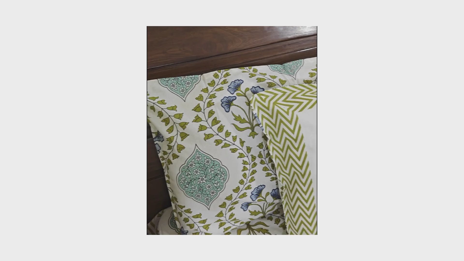 Blue Hibiscus on Mehndi Green Hand Block Bedsheet with 2 Pillow Cover Set - 220TC