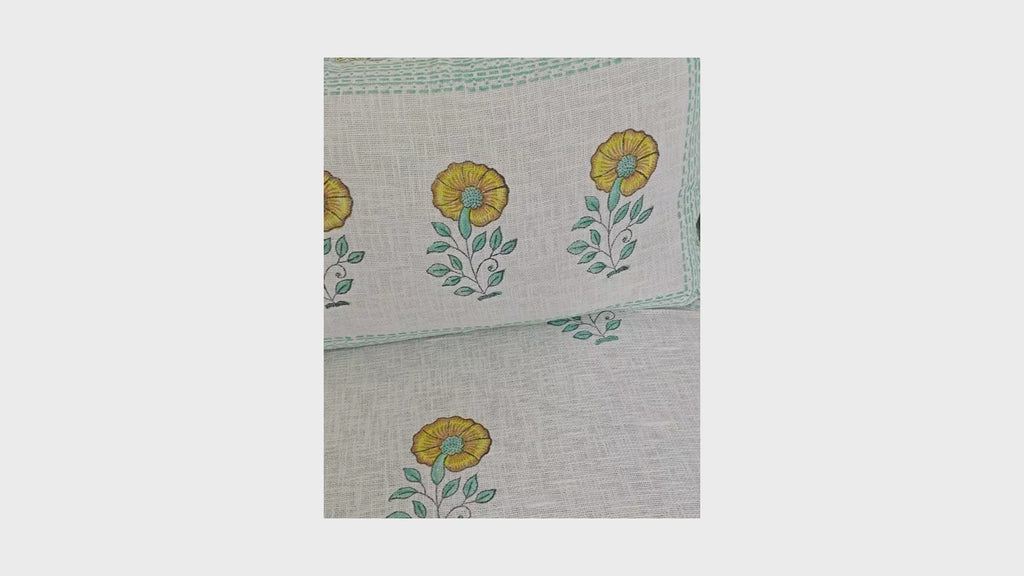 Royal Yellow Sunflower Jute fabric Hand Block Bed Cover with 2 Pillow Cover Set