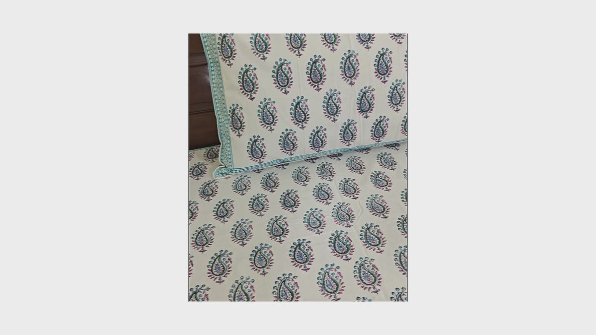 Rangeen Paisley Hand Block Bedsheet with 2 Pillow Cover Set - 280TC