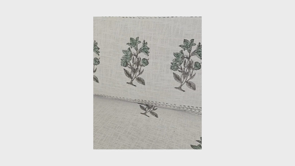 Bohemian Green Daffodil Jute Fabric Hand Block Bed Cover with 2 Pillow Cover Set