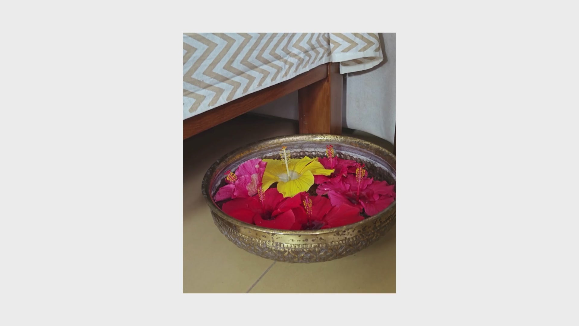 Pink Hibiscus on Gold Hand Block Bedsheet with 2 Pillow Cover Set - 220TC