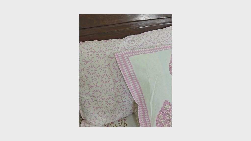 Gulaabi Kusum Hand Block Bedsheet with 2 Pillow Cover Set - 220TC