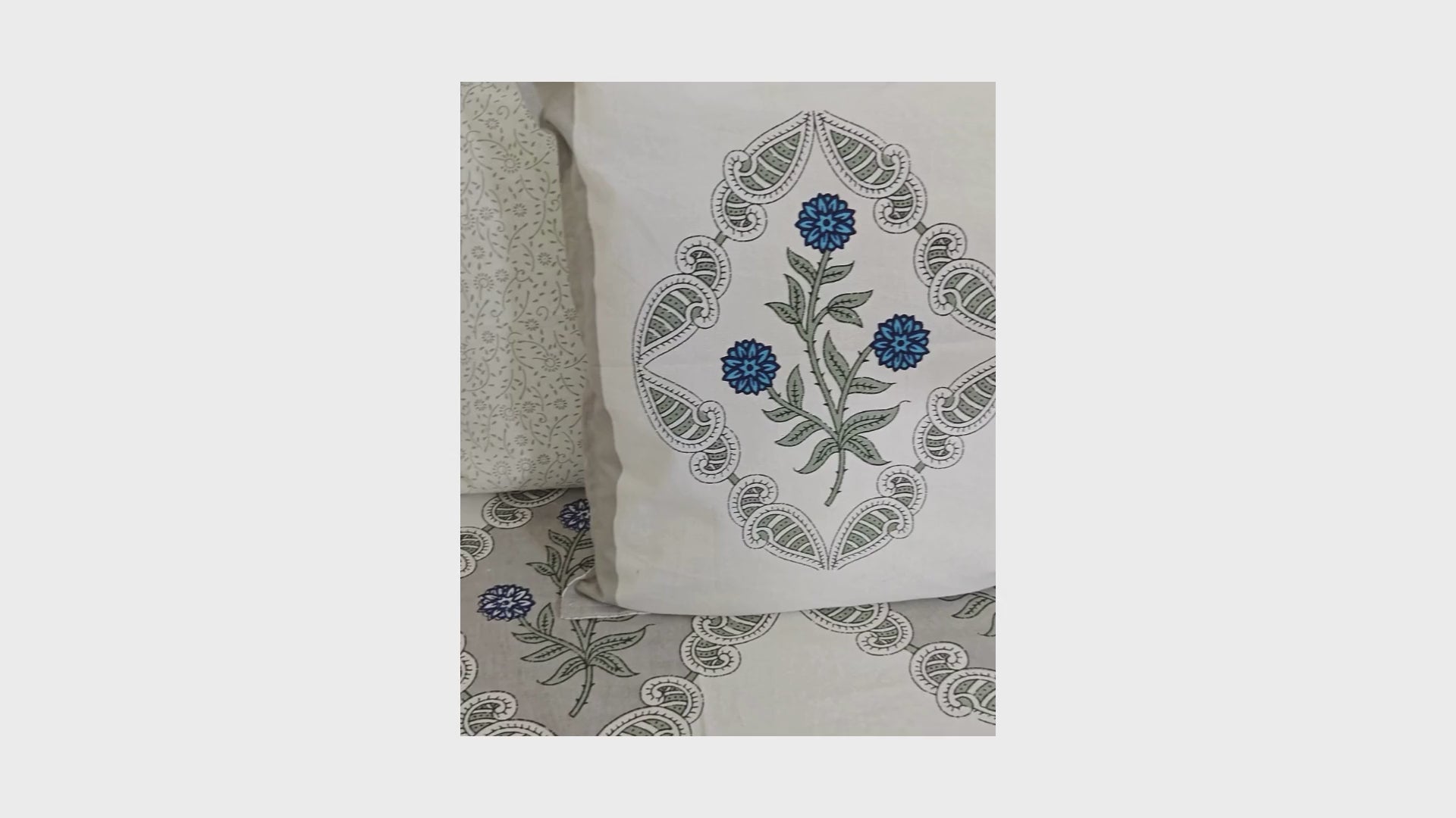 Blue Stargrass on Grey Hand Block Bedsheet with 2 Pillow Cover Set - 220TC