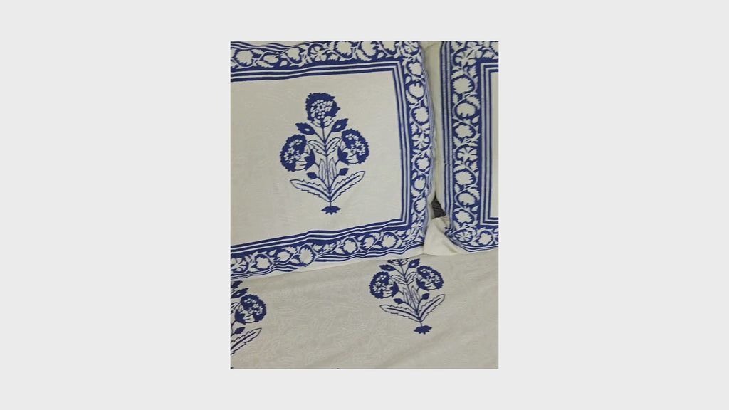 Royal Blue Marigold Hand Block Bedsheet with 2 Pillow Cover Set -220TC