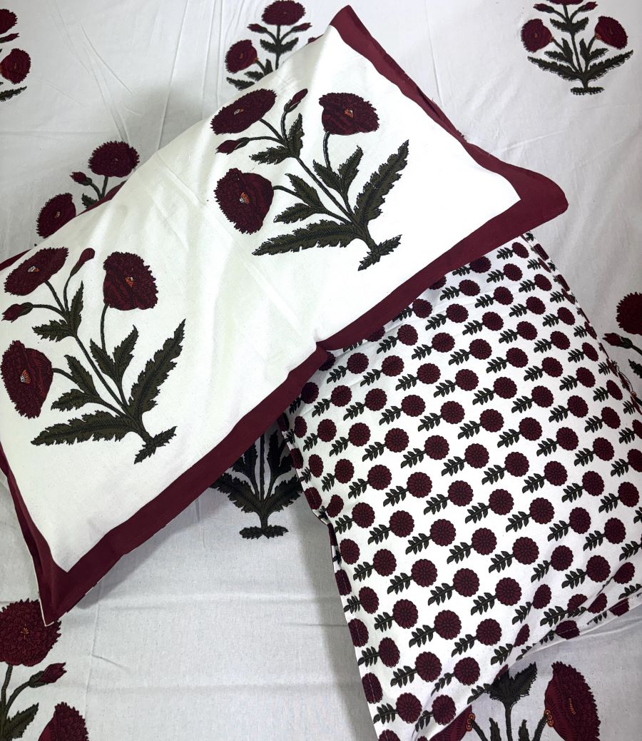 Maroon Marigold Hand Block Bedsheet with 2 Pillow Cover Set - 220TC