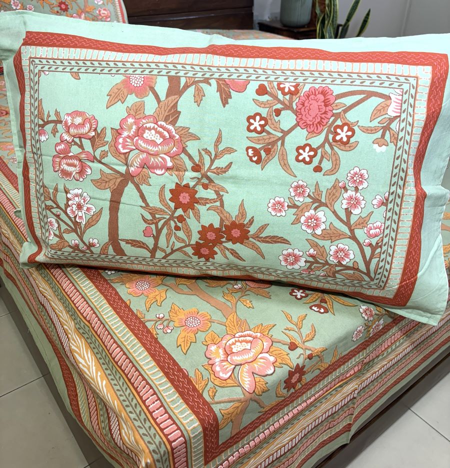 Morning at the Mughal Gardens Pestel Green Hand Block Bedsheet with 2 Pillow Cover Set - 220TC