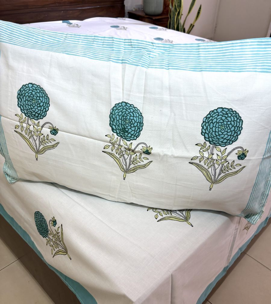 Turquoise Blue Floral Motif  Hand Block Bedsheet with 2 Pillow Cover Set - 400TC