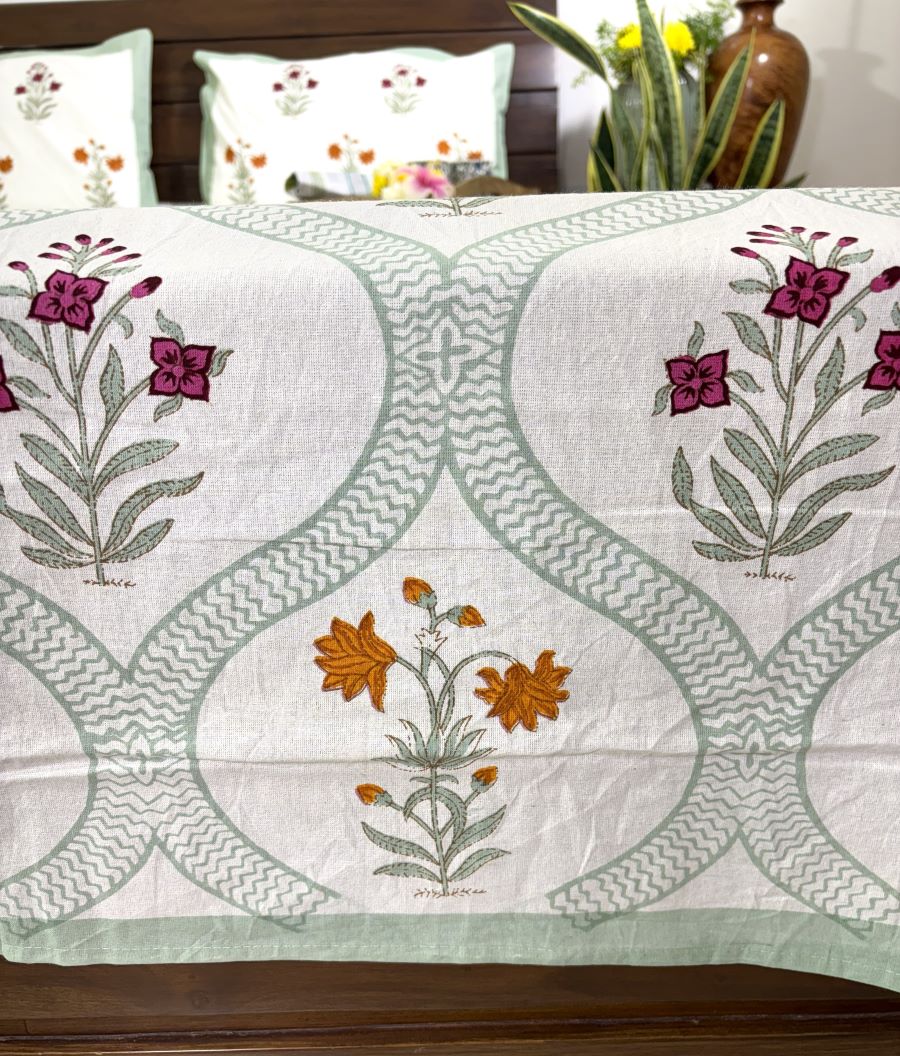 Floral Jaal Pink & Yellow Lilly Hand Block Bedsheet with 2 Pillow Cover Set - 220TC