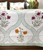 Floral Jaal Pink & Yellow Lilly Hand Block Bedsheet with 2 Pillow Cover Set - 220TC