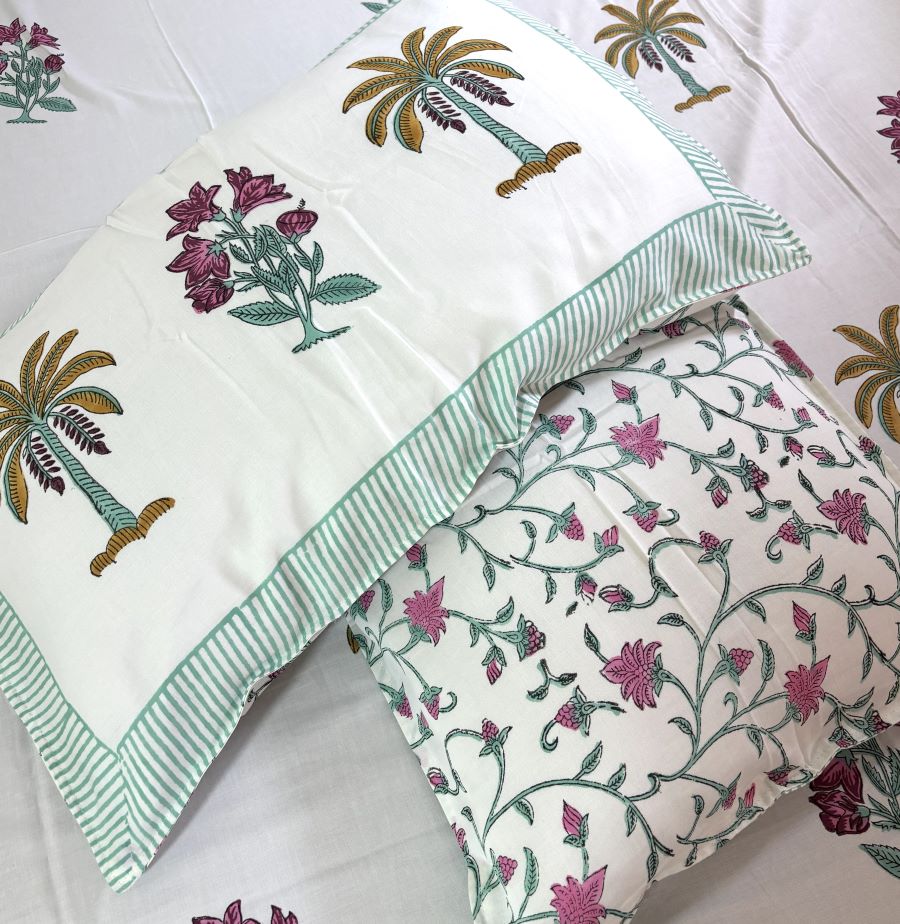 Magenta Pastel Green Palm Tree & Floral Motif Patterns Hand Block Bedsheet with 2 Pillow Cover Set - 400TC