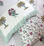 Magenta Pastel Green Palm Tree & Floral Motif Patterns Hand Block Bedsheet with 2 Pillow Cover Set - 400TC
