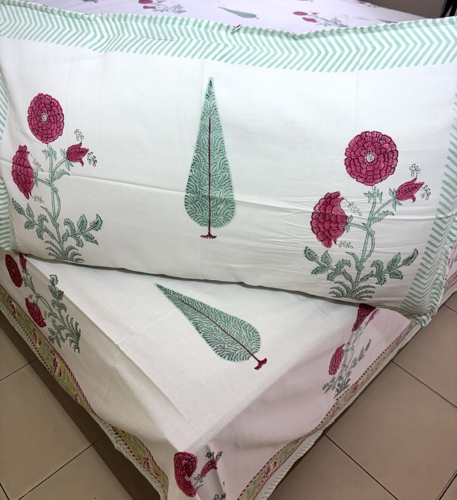 Green & Pink Botanical Floral Tree Patterns Hand Block Bedsheet with 2 Pillow Cover Set - 400TC