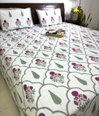 Pink Gulbahar Sunflower Hand Block Bedsheet with 2 Pillow Cover Set - 220TC