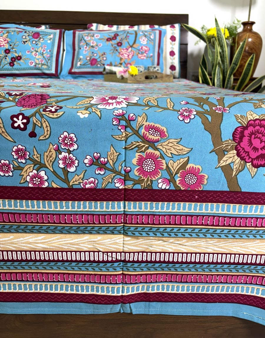 Morning at the Mughal Gardens Hand Block Bedsheet with 2 Pillow Cover Set - 220TC