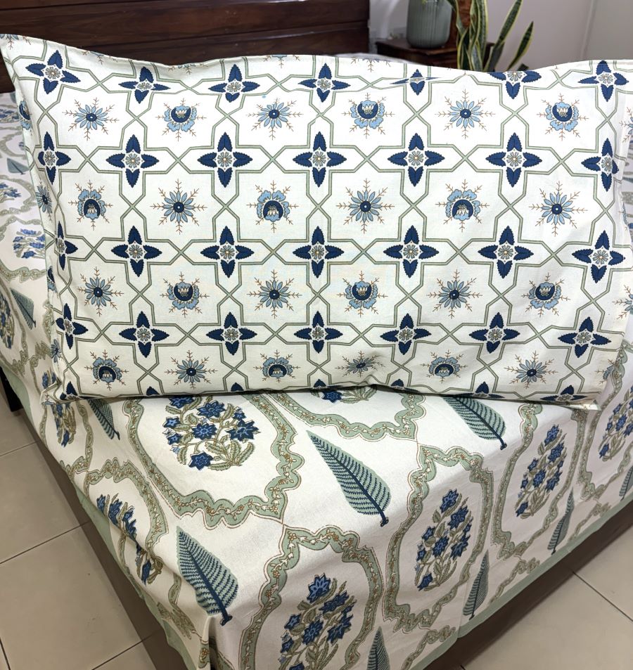 Blue Gulbahar Jaal Hand Block Bedsheet with 2 Pillow Cover Set - 220TC