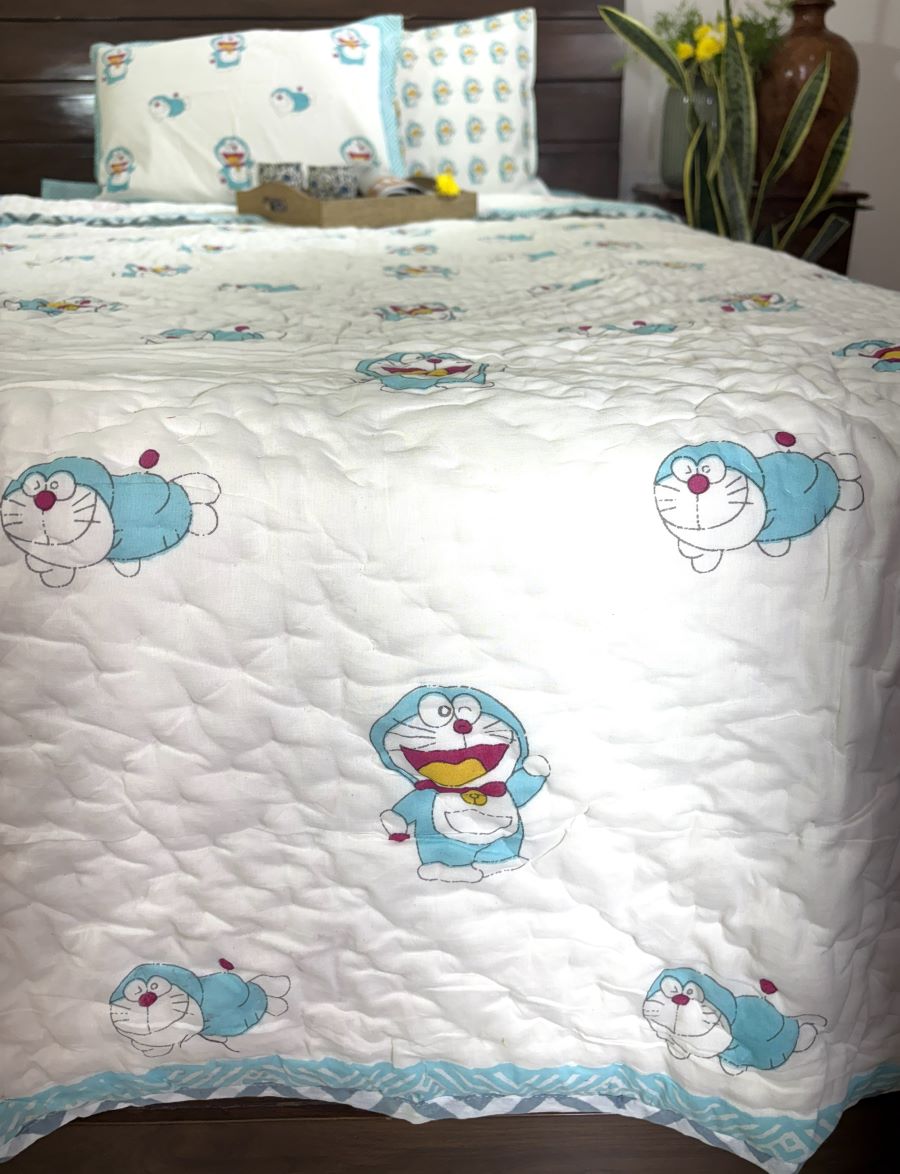 Sky Blue Doremon Design Hand Block Dohar