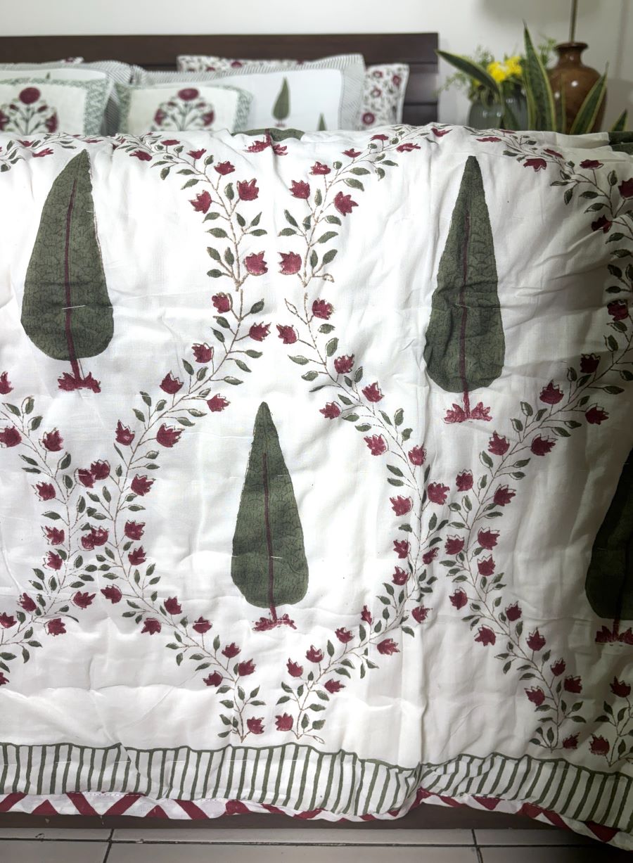 Green & Maroon Tree of Life Patterns Hand Block Quilt/ Razai