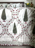 Green & Maroon Tree of Life Patterns Hand Block Quilt/ Razai