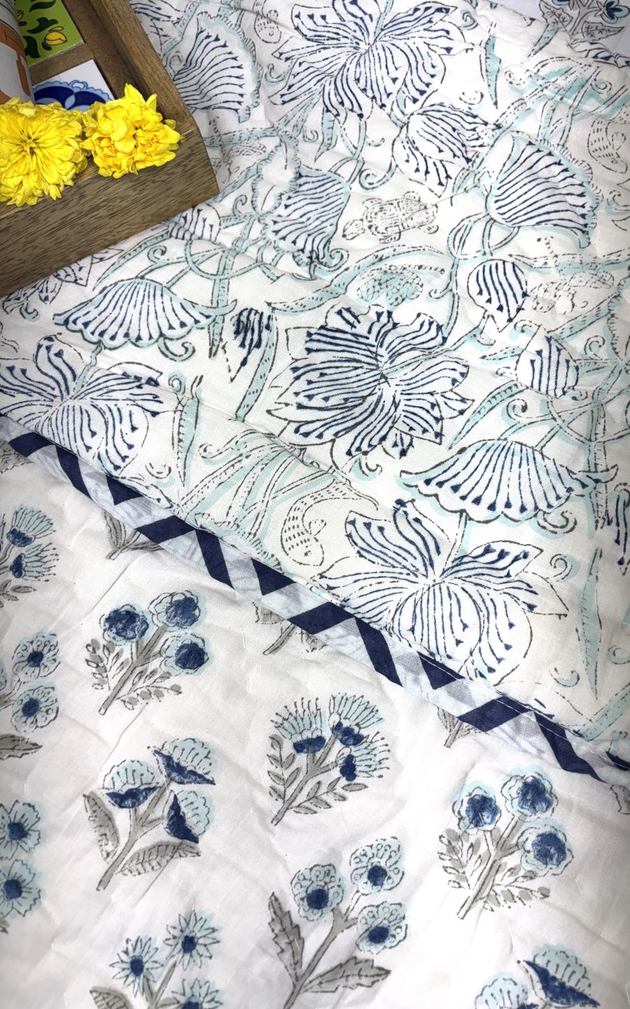Blue & Grey Small Butta Patterns Hand Block Quilt/ Razai