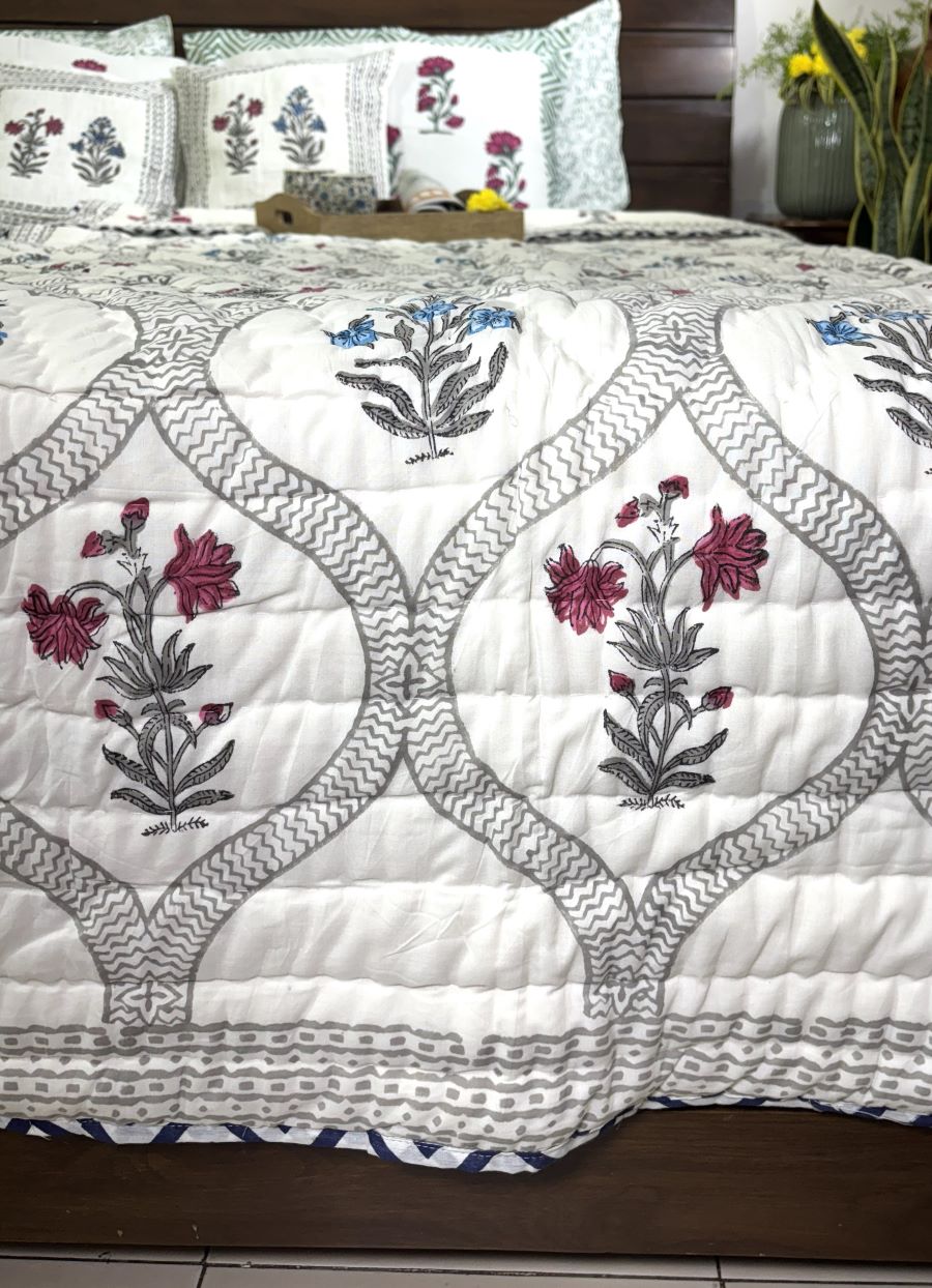 Pink & Blue Lilly Patterns Hand Block  & Quilt/ Razai