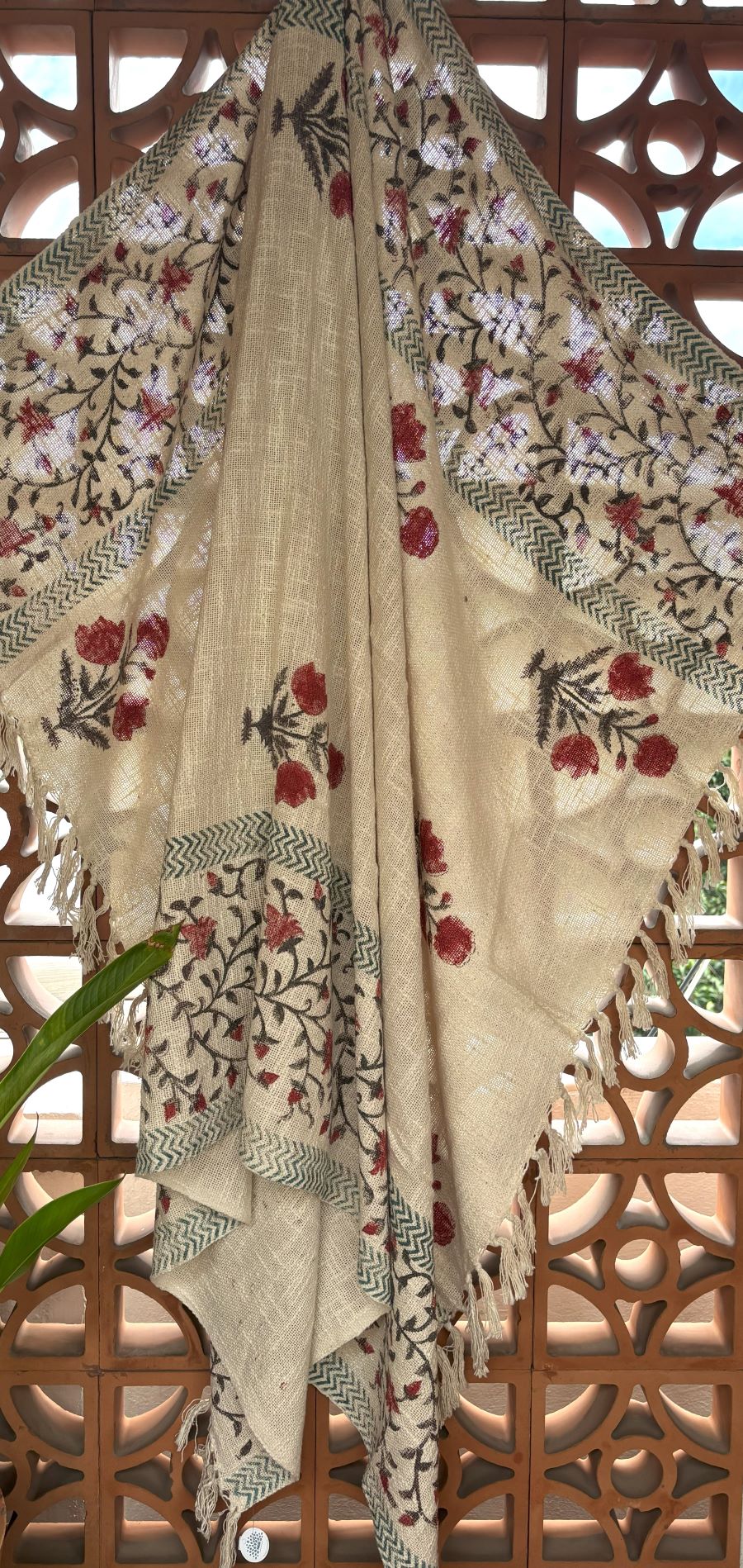 Red Flower Jute Fabric Hand Block Sofa Throw