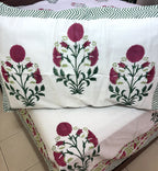 Red & Green Sunflower Patterns Hand Block Bedsheet with 2 Pillow Cover Set - 400TC