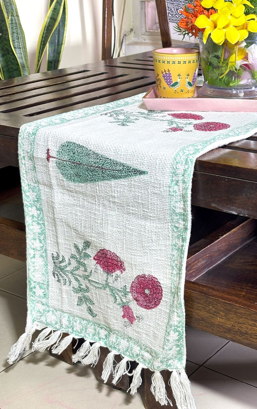 Red & Green Gulbahaar Hand Block Printed Jute Table Runner
