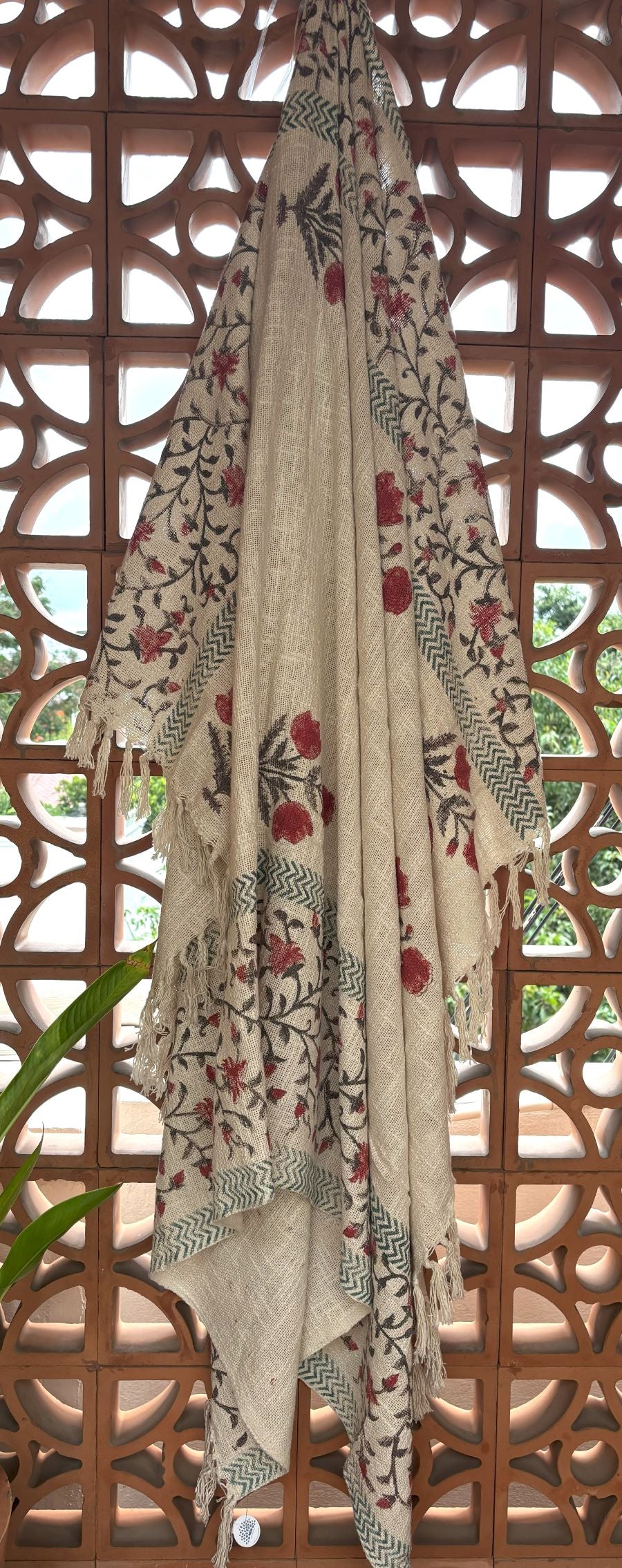 Red Flower Jute Fabric Hand Block Sofa Throw