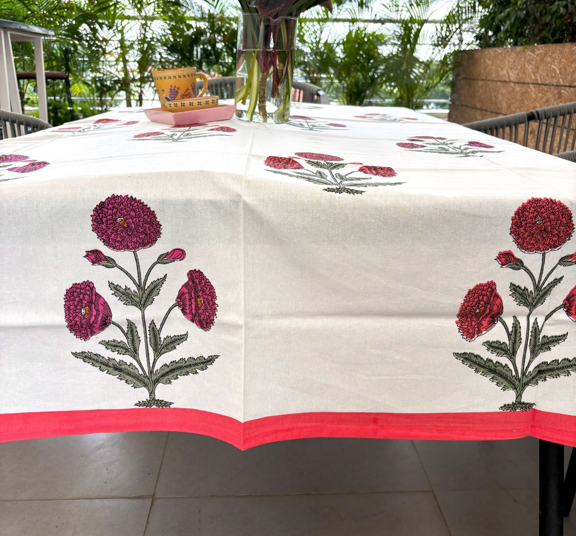 Pink & Magenta Marigold  Hand Block Rectangle Table Cover / Cloth