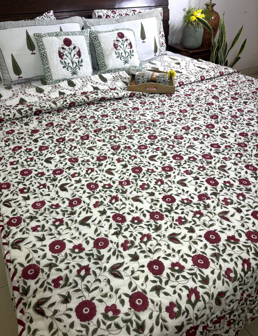 Green & Maroon Tree of Life Patterns Hand Block Bedsheet & Quilt/ Razai Set - Hand Block Printed