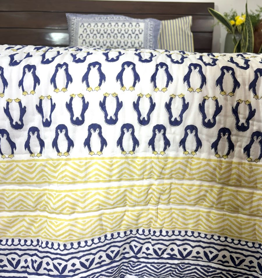 Blue Penguin Design Hand Block Dohar