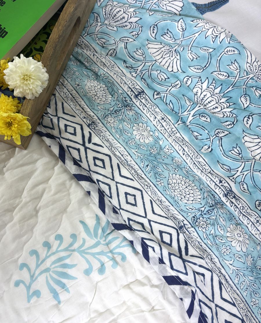 Sky Blue Flower Jaal Patterns Hand Block Quilt/ Razai