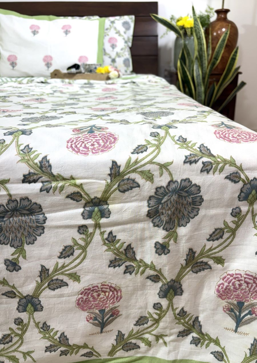 Jacobean floral Pink & Grey Hand Block Muslin Dohar