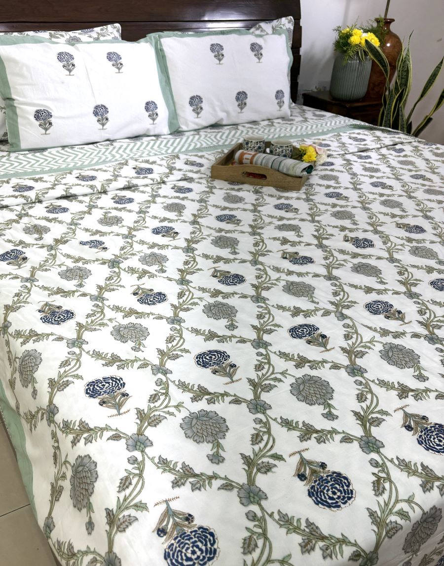 Jacobean Floral Blue & Grey Bedsheet & Dohar Set – Hand Block Printed