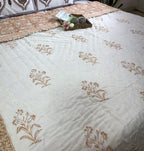 Orange Round Flower Jaal Patterns Bedsheet & Quilt/ Razai Set - Hand Block Printed