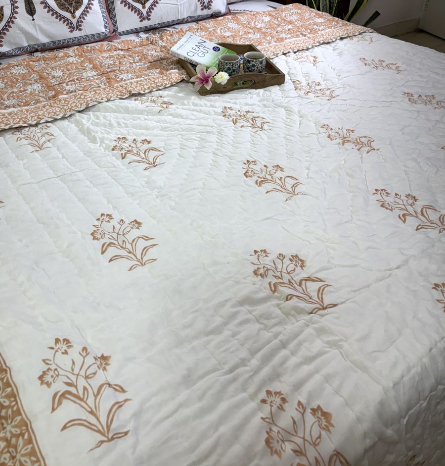 Orange Round Flower Jaal Patterns Bedsheet & Quilt/ Razai Set - Hand Block Printed
