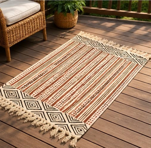 Clay red and Terracotta Brown Striped Hand Block Printed Jute Rug