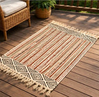 Clay red and Terracotta Brown Striped Hand Block Printed Jute Rug