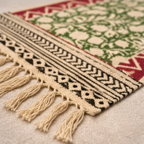 Green and red zig zag borders floral vine Hand Block Printed Jute Rug